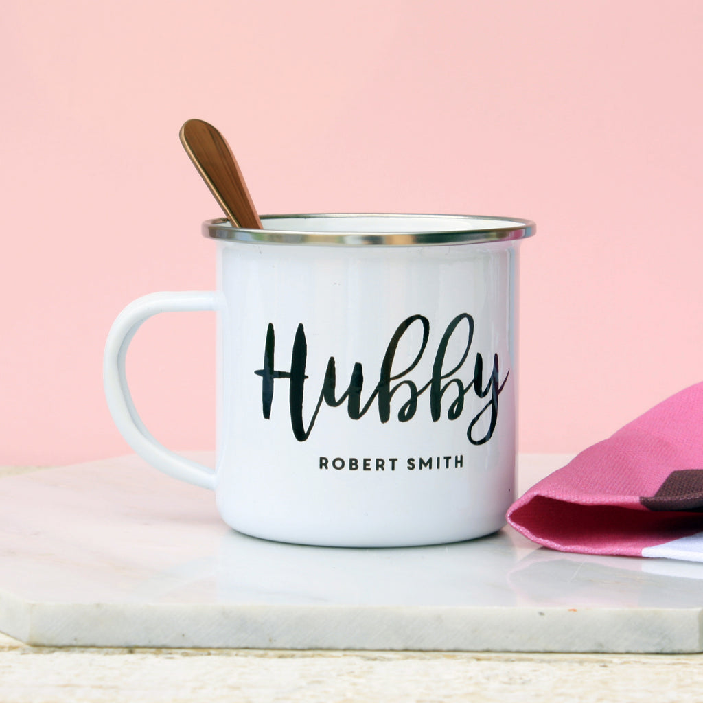 Personalised Hubby And Wifey Enamel Mug